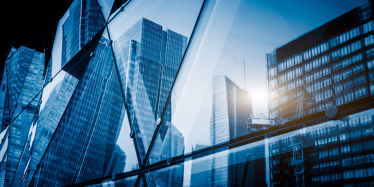 Abstract image of reflections on windows of buildings