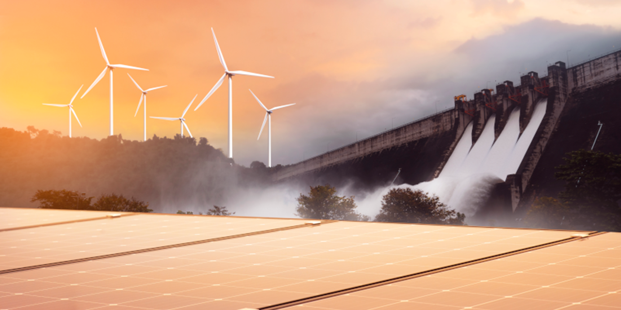 Energy plant with windmills and a dam