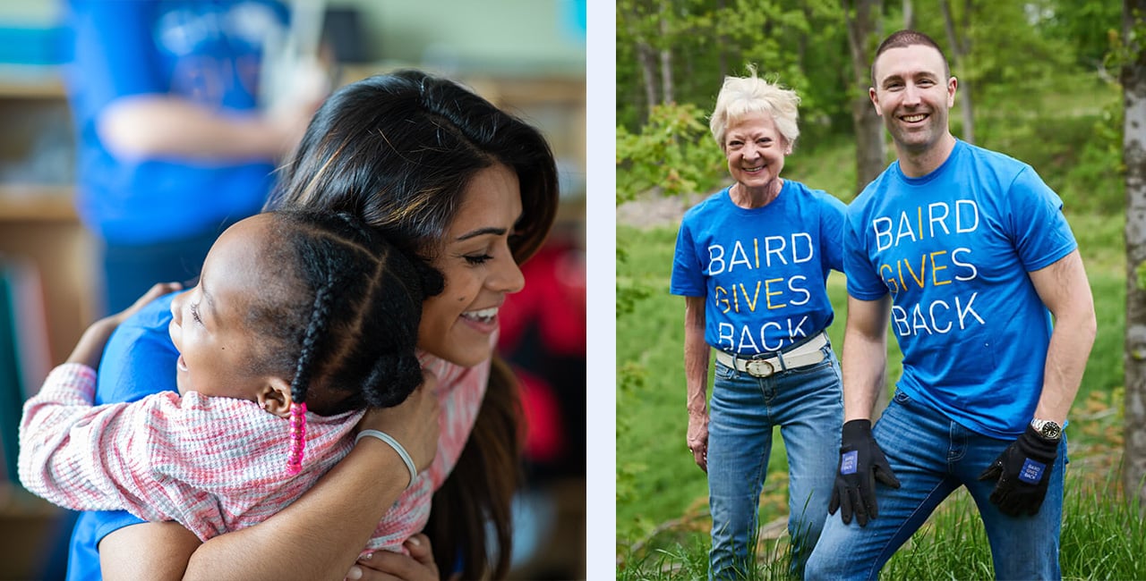 The left image is a woman embracing a child while volunteering. The right image showcases Kim Fleming and Max Mann wearing Silver LakeGives Back t-shirts at an outdoor volunteer event.
