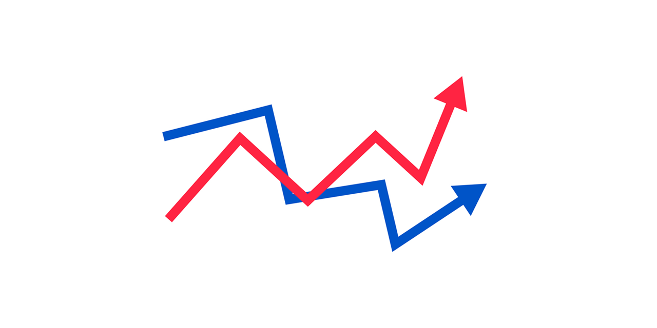 Two arrows on up and down paths